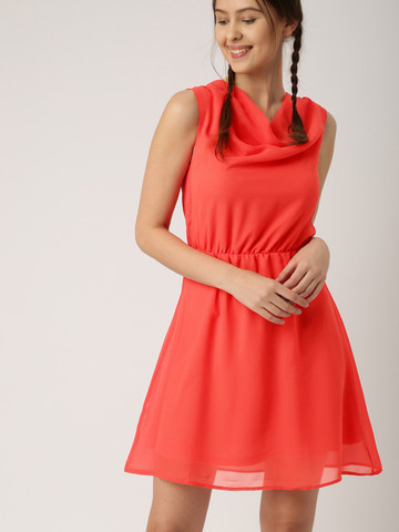 DressBerry Women Red Solid Fit & Flare Dress