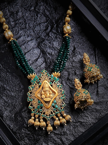 PANASH Green & Gold-Toned Beaded Temple Jewellery Set