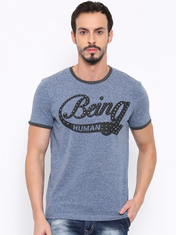 Blue Printed Studded Round Neck T-shirt 