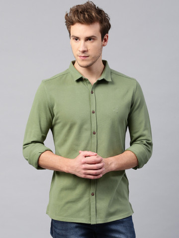 HRX by Hrithik Roshan Men Olive Green Solid Regular Fit Knitted Casual Shirt