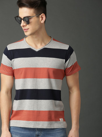 Roadster Men Grey Melange & Rust Orange Striped V-Neck T-shirt