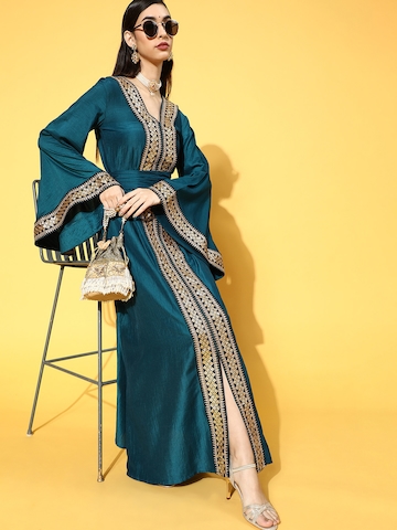 Inddus Women Teal & Golden Ethnic Motifs Ethnic A-Line Maxi Dress with a Belt