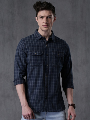 WROGN Men Navy Slim Fit Checked Casual Shirt