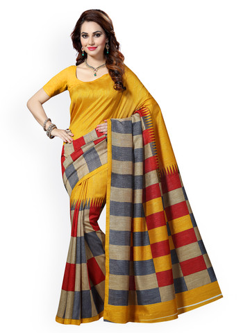 Ishin Yellow Checked Bhagalpuri Tussar Silk Traditional Saree