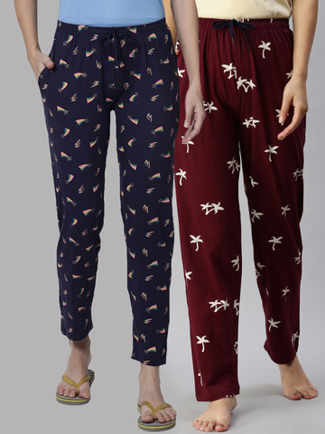 56% OFF on Kryptic Women Pack Of 2 Navy Blue & Maroon Cotton Printed Pyjamas