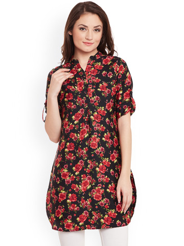 Ruhaans Red & Black Floral Print Tunic