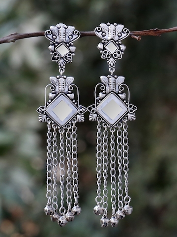 FIROZA Silver Oxidised Diamond Shaped Mirror Drop Earrings