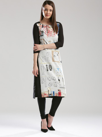 W Women Off-White & Black Printed Straight Kurta W Women Off-White & Black Printed Straight Kurta