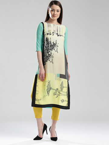 W Women Off-White & Blue Printed Straight Kurta W Women Off-White & Blue Printed Straight Kurta