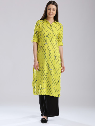 W Women Lemon Yellow Printed Pathani Kurta