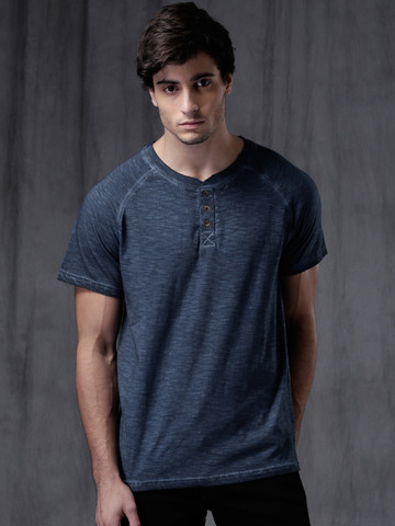 WROGN Men Blue Dyed Henley Neck T-shirt
