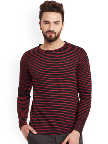 Hypernation Men Red & Black Striped Round Neck T-shirt