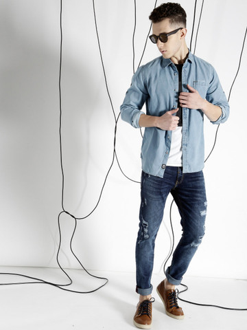 Ecko Unltd Men Blue Slim Fit Faded Casual Shirt Ecko Unltd Men Blue Slim Fit Faded Casual Shirt