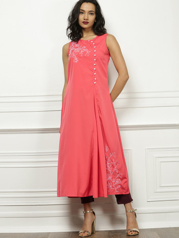 all about you Women Coral Pink Embroidered A-Line Kurta