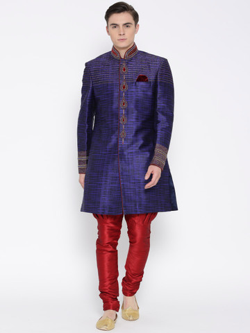 Manish Creations Purple & Maroon Brocade Pattern Embellished Handicraft Sherwani