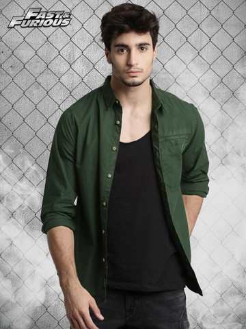 Roadster Fast and Furious Green Solid Casual Shirt