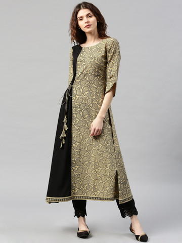 Libas Beige & Black Printed A-Line Kurta