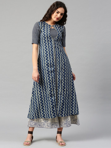 Libas Women Navy Blue & Beige Printed Kurta Libas Women Navy Blue & Beige Printed Kurta