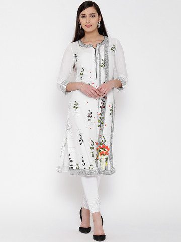Biba Women White Printed Semi-Sheer Straight Kurta