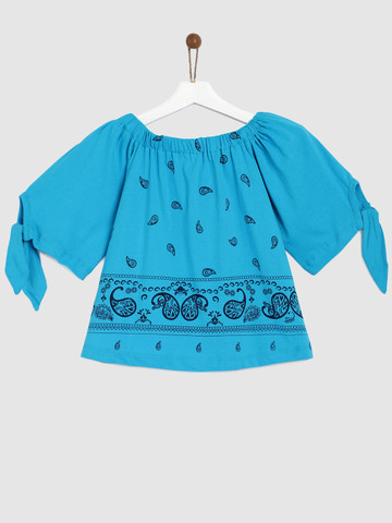 YK Girls Blue & Black Printed Bardot Top