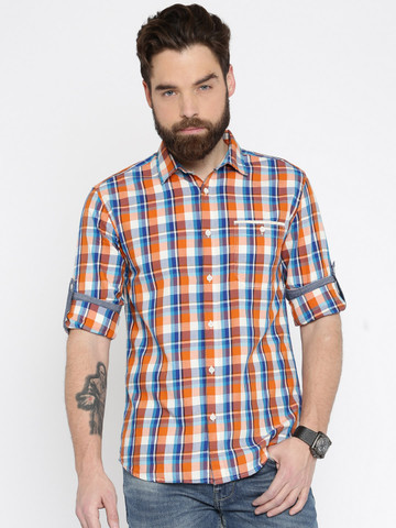 Jack & Jones Men Orange Slim Fit Checked Casual Shirt