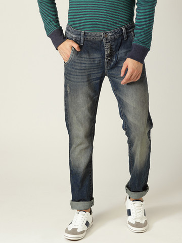 United Colors of Benetton Men Blue Slim Mid-Rise Low Distress Jeans