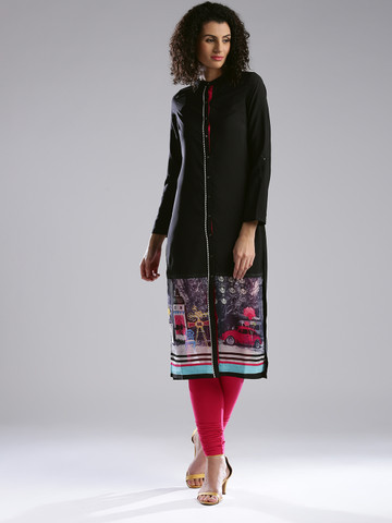 W Women Black Printed Detail Straight Kurta W Women Black Printed Detail Straight Kurta