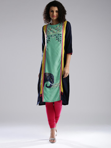 W Women Mint Green & Navy Printed Straight Kurta
