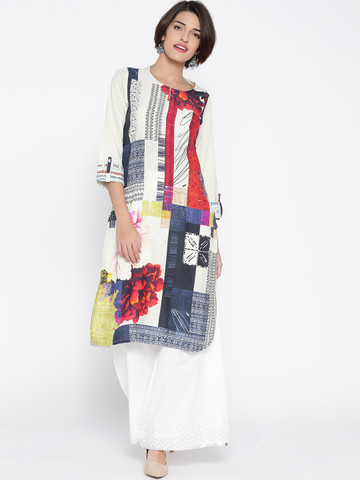 Biba Women Off-White Printed Straight Kurta