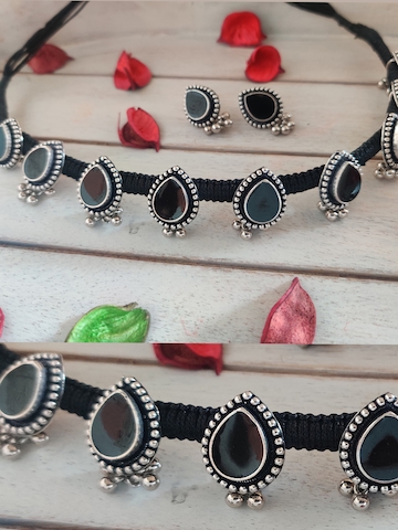 Binnis Wardrobe Silver-Plated Black Stone-Studded Thread & Polki Oxidized Jewellery Set