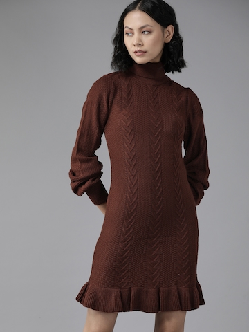 Roadster Brown Solid Acrylic Jumper Dress