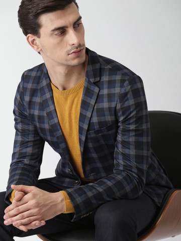 INVICTUS Men Navy & Black Checked Slim Fit Single-Breasted Formal Blazer