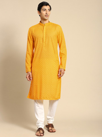 25% OFF on RAJUBHAI HARGOVINDAS Men Yellow Cotton Embroidered Chikankari Kurta 25% OFF on RAJUBHAI HARGOVINDAS Men Yellow Cotton Embroidered Chikankari Kurta