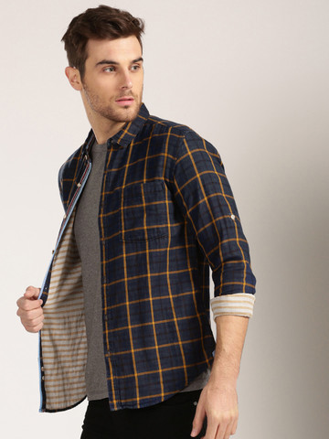 Harvard Men Navy & Yellow Checked Slim Fit Casual Shirt