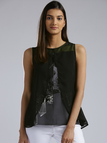 W Women Black & Charcoal Grey Printed Styled Back Top