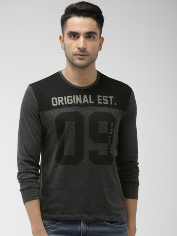 HIGHLANDER Men Charcoal Grey & Black Printed T-shirt HIGHLANDER Men Charcoal Grey & Black Printed T-shirt