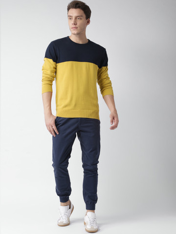 Mast & Harbour Men Navy & Mustard Yellow Colourblocked Sweater