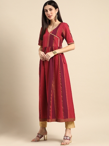 Anouk Women Red & Gold-Toned Striped Anarkali Pure Cotton Angrakha Kurta