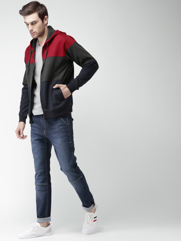 Mast & Harbour Men Red & Charcoal Grey Colourblocked Hooded Sweatshirt