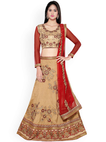 Buy Aasvaa Beige Red Embroidered Silk Semi Stitched Lehenga Choli with Dupatta on Myntra