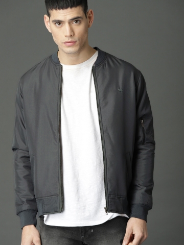 Buy Roadster Men Charcoal Grey Solid Bomber Jacket on Myntra ...