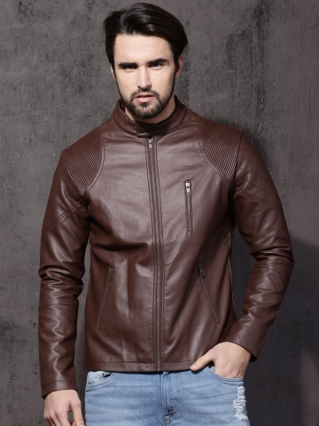 Buy Roadster Men Coffee Brown Solid Biker Jacket on Myntra | PaisaWapas.com