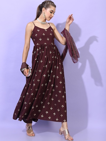 Vishudh Maroon Floral Ethnic Maxi Dress with Dupatta