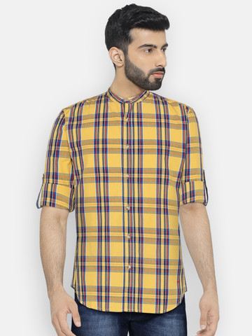 Jack & Jones Men Mustard Yellow & Navy Blue Checked Casual Shirt