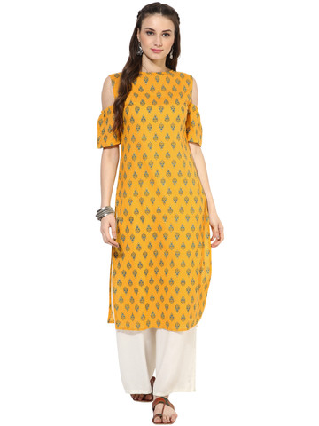 Nayo Women Yellow Printed Cold Shoulder Kurta
