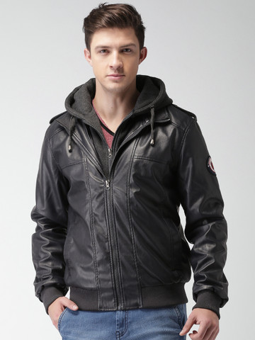 Harvard Men Blue Solid Hooded Biker Jacket