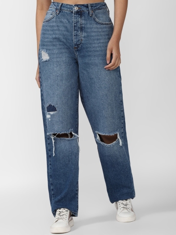 FOREVER 21 Women Blue Mildly Distressed Light Fade Jeans