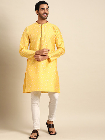 Amodh by Kisah Men Yellow & White Embroidered Thread Work Kurta Amodh by Kisah Men Yellow & White Embroidered Thread Work Kurta