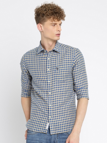 Buy U S Polo Assn Men Blue Beige Tailored Fit Checked Casual