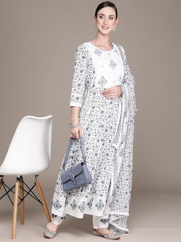 Ishin Women White Floral Yoke Design Beads and Stones Pure Cotton Kurta with Trousers & With Dupatta